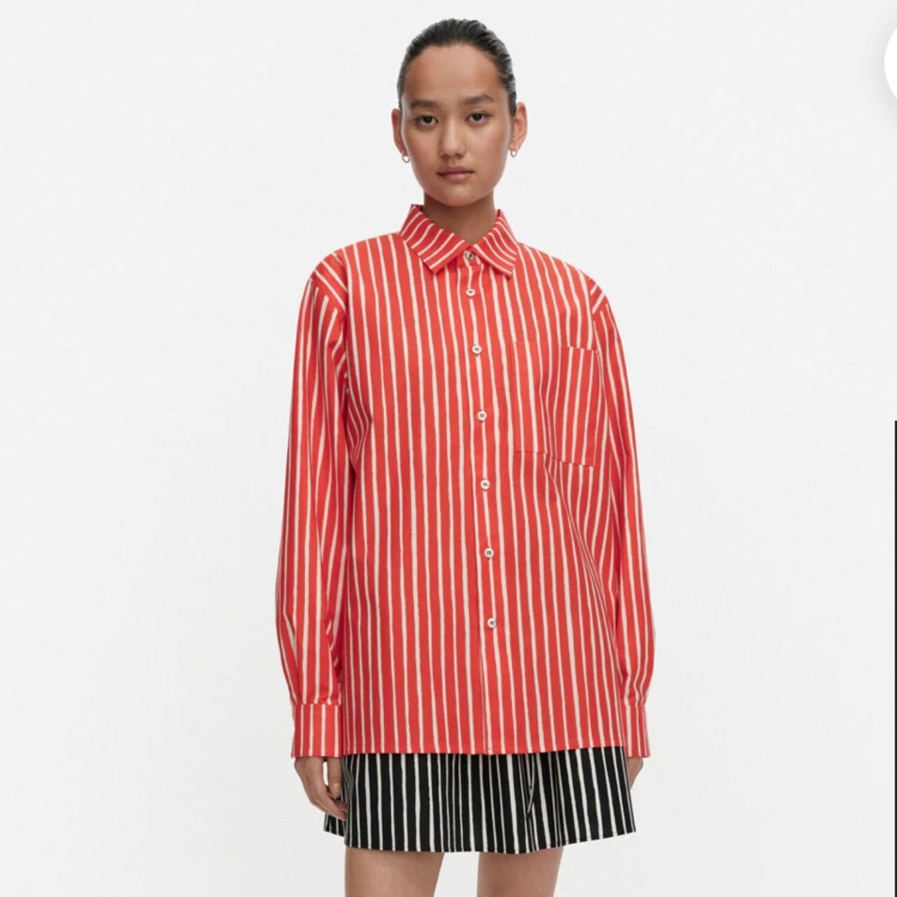 Marimekko Red and White Jokapoika Kioski Striped Button-Up Shirt
